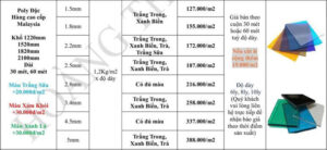 Bảng giá tấm poly đặc chi tiết theo độ dày năm 2025