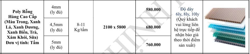 bảng giá tấm poly rỗng nhiều màu, tấm polycarbonate rỗng lấy sáng